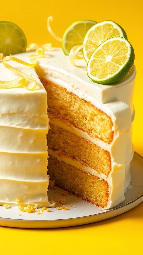A slice of Key Lime Pie Cake with cream cheese frosting, garnished with lime slices, on a decorative plate.